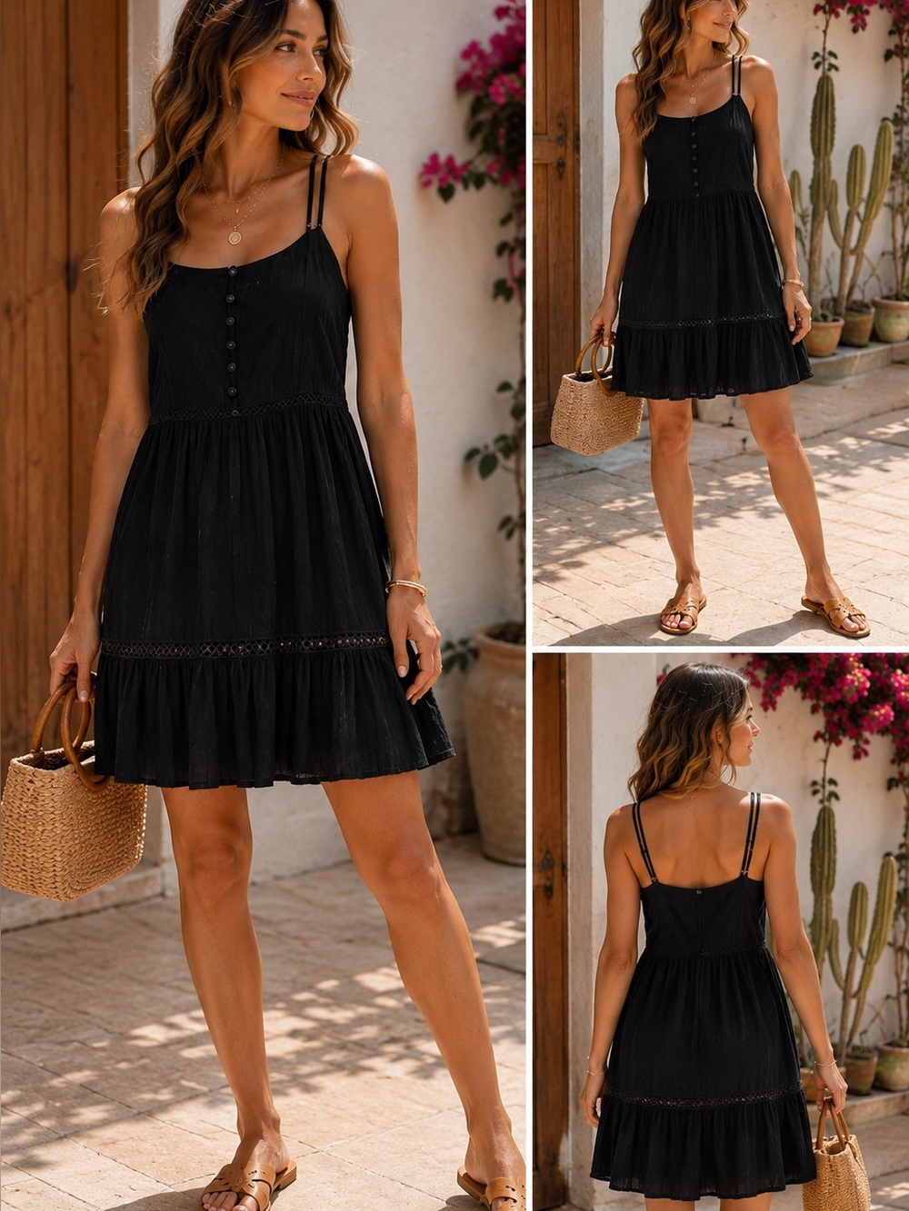 Just Found Black Boho Midi Dress Button Front Lace Trim